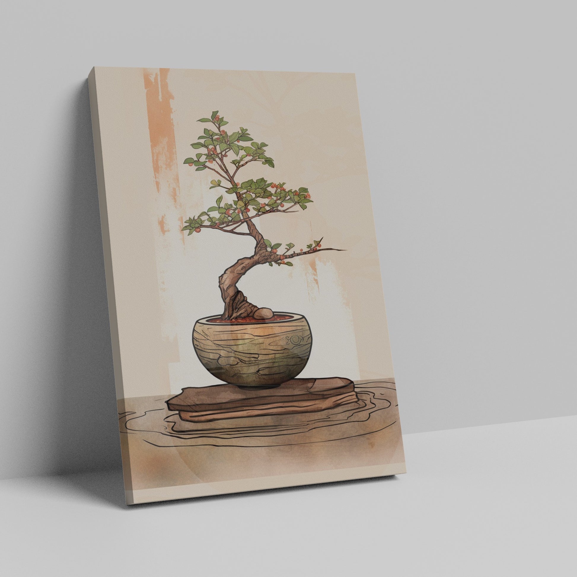 Illustrated bonsai tree with green foliage in a brown bowl on a beige background