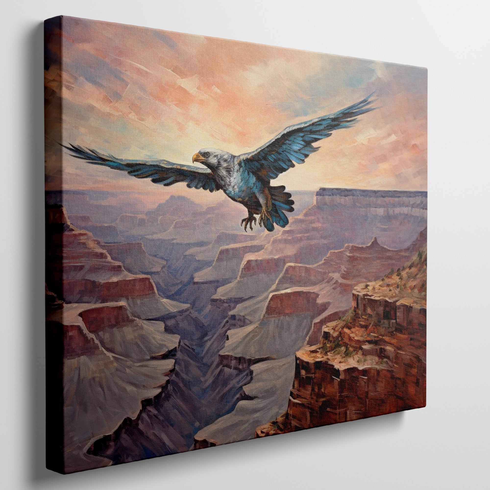 Framed canvas print of a majestic eagle flying over a dramatic canyon landscape at sunset