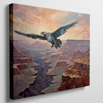 Framed canvas print of a majestic eagle flying over a dramatic canyon landscape at sunset