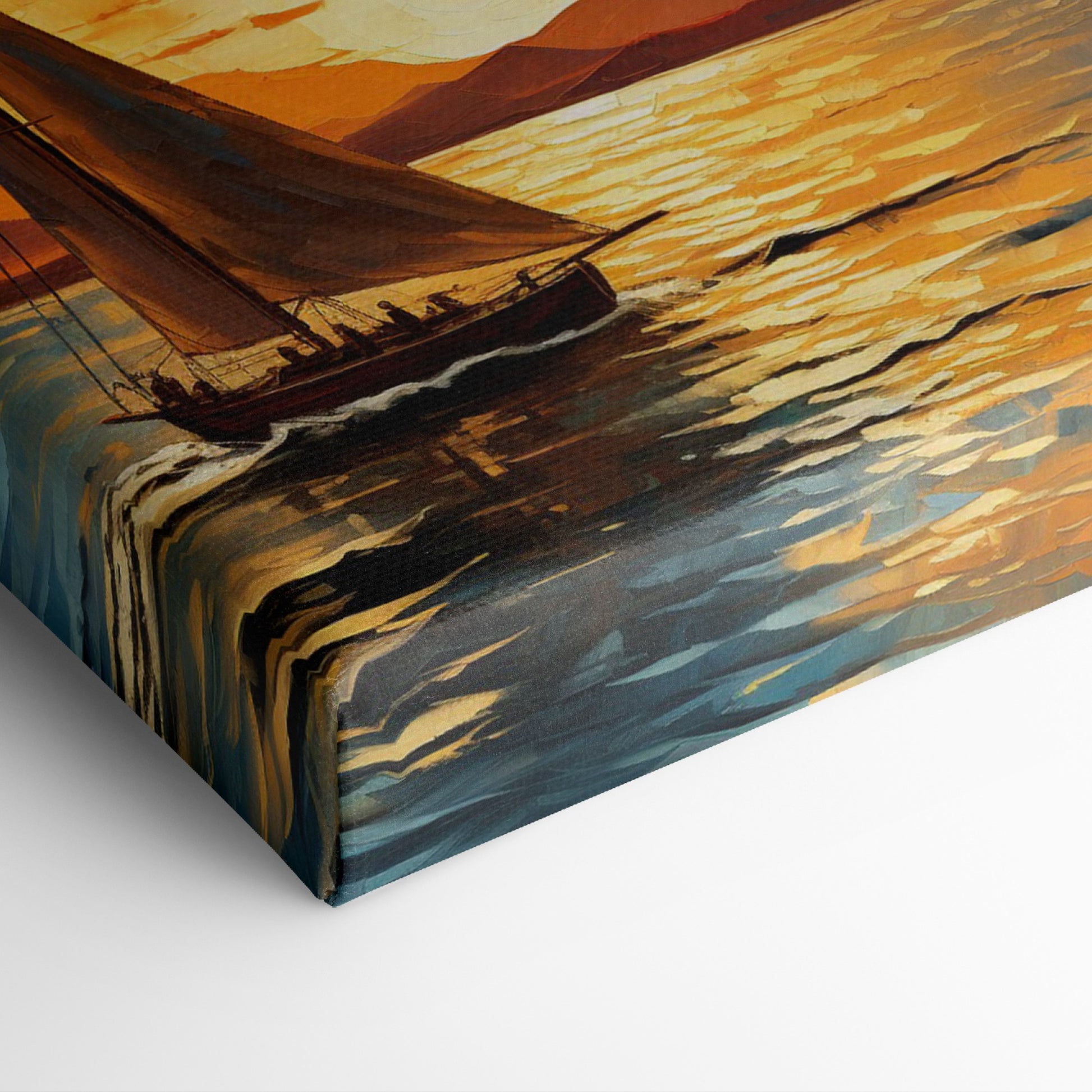 Framed canvas print of a sailboat against a vivid sunset with warm orange and blue tones