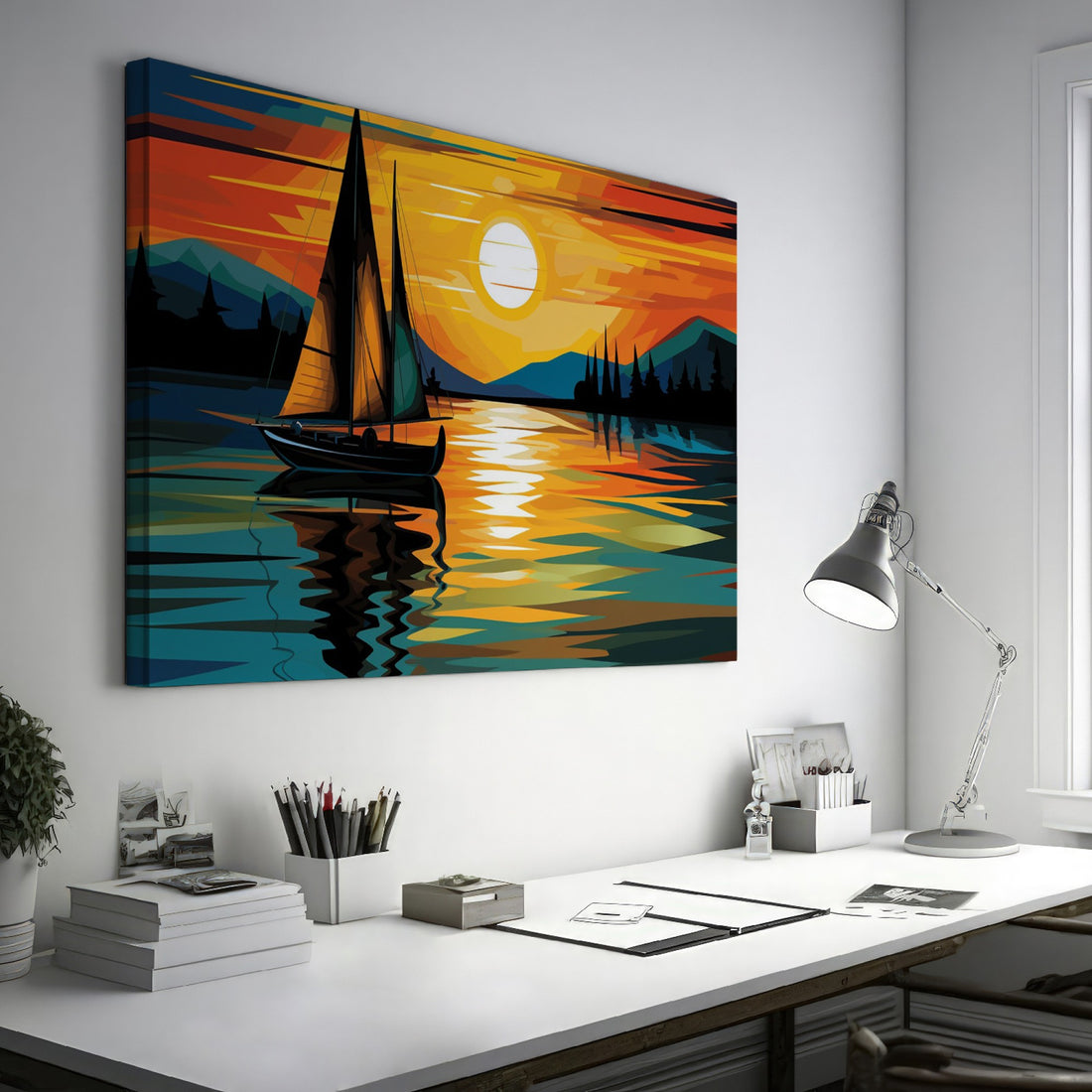 Abstract modern art style painting of a sailboat sailing at sunset with vivid reflection on water