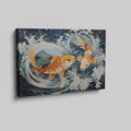 Framed canvas print of two vibrant koi fish with dynamic water movements in a Japanese style illustration