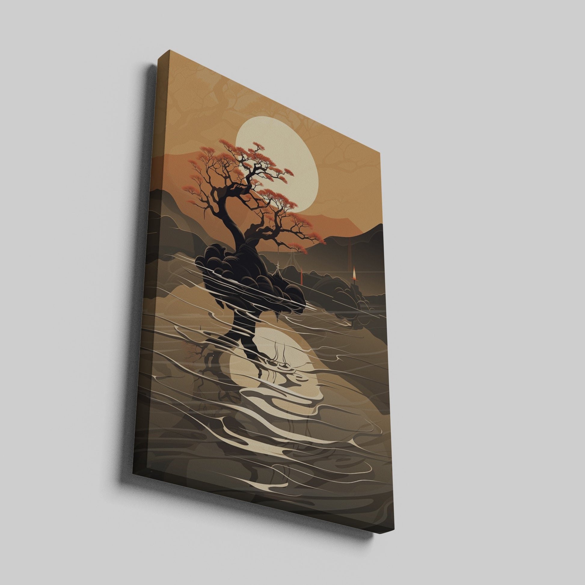 Framed canvas print of an Asian-inspired serene bonsai tree silhouette with sunset and mountain