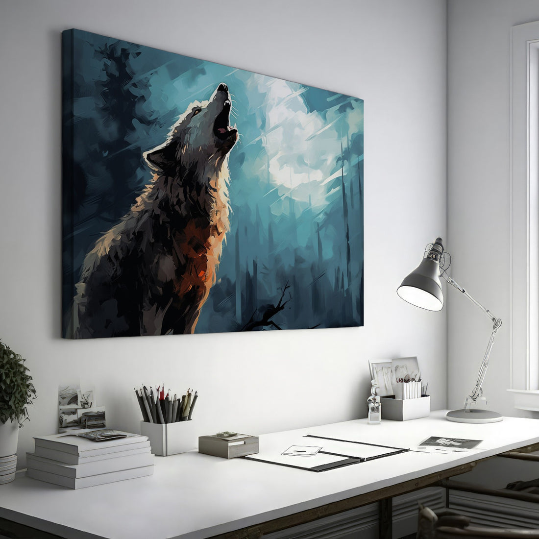 Framed canvas print of a majestic wolf howling in a mystical forest with striking blue and black tones