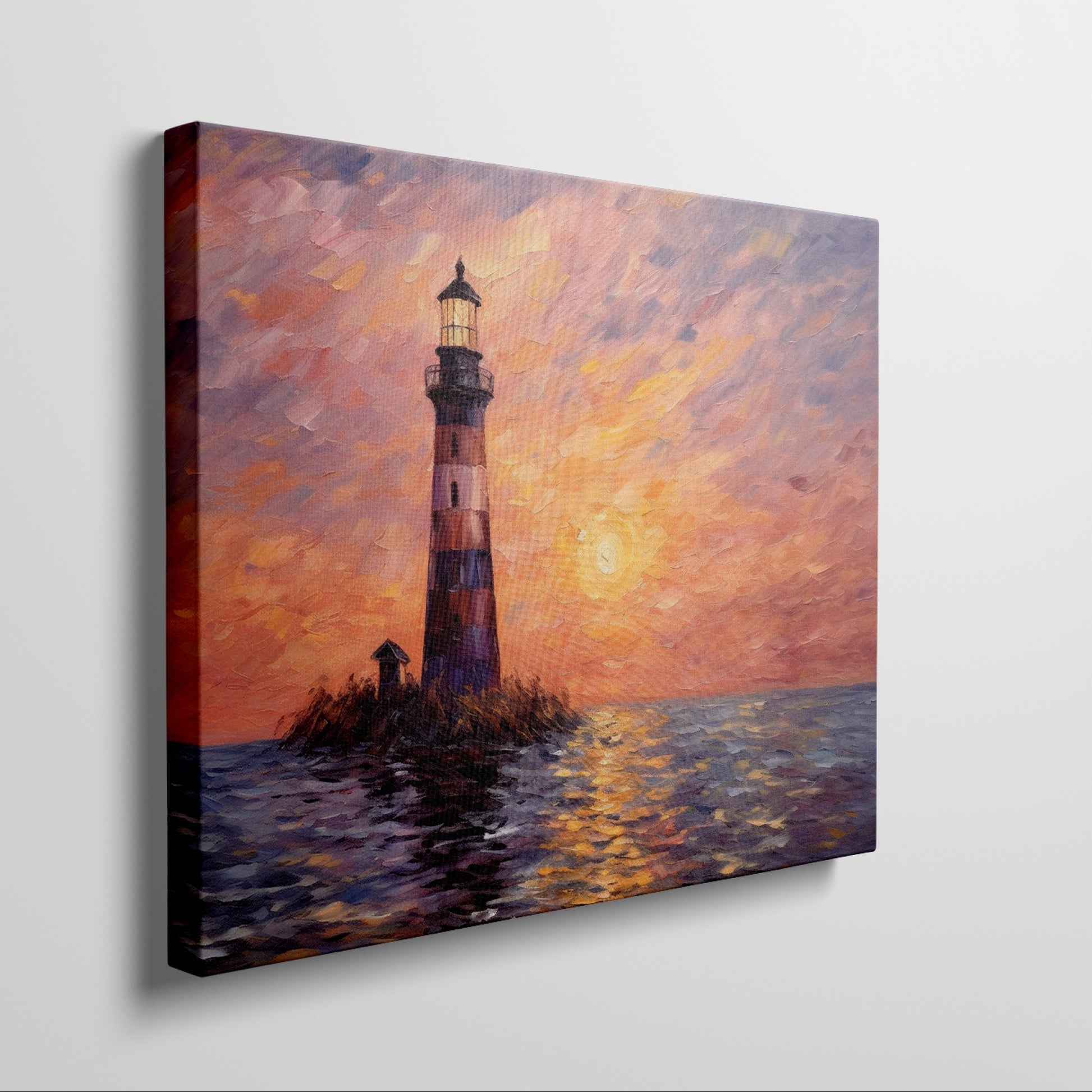 Impressionistic painting of a lighthouse at sunset with orange sky and blue sea