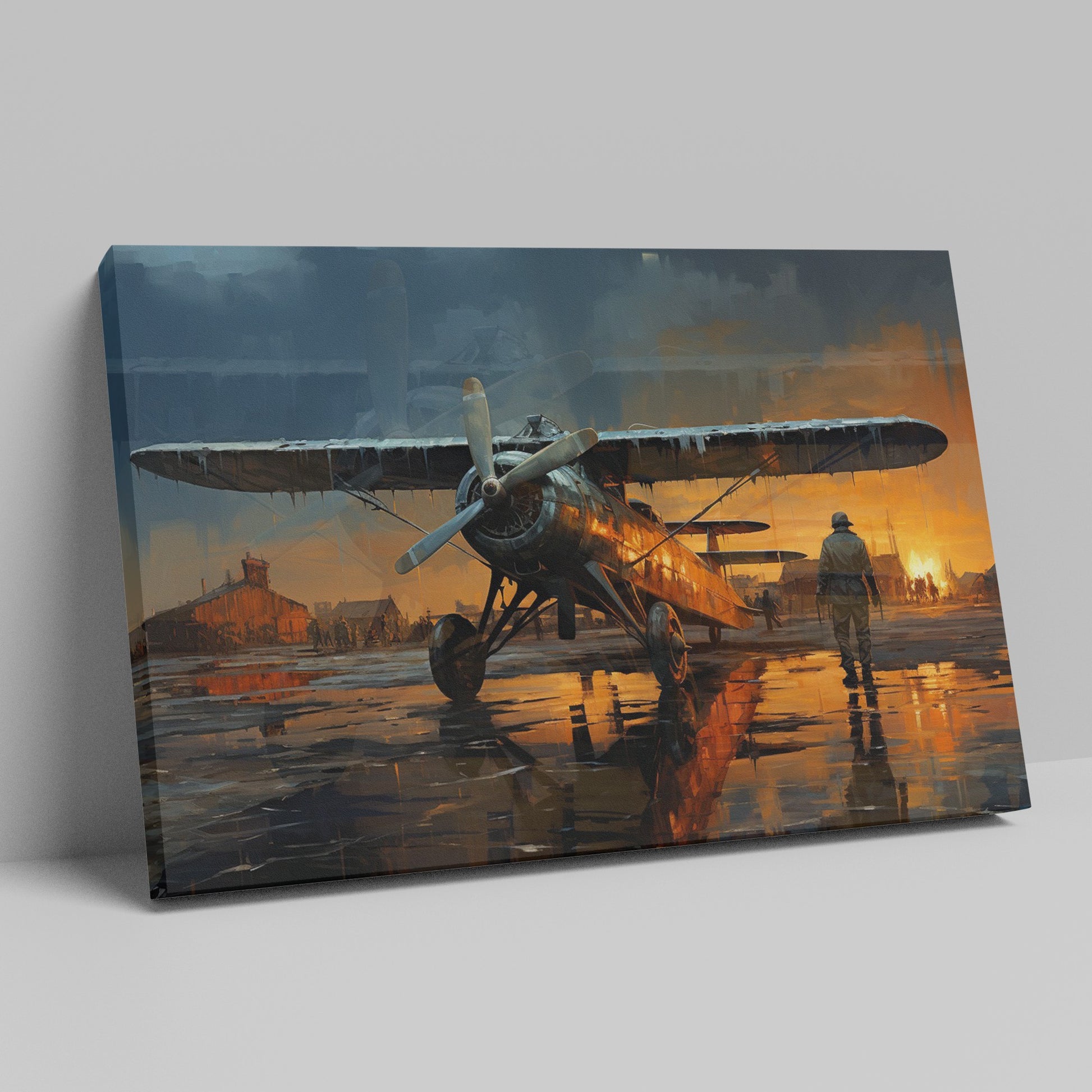 Framed canvas print of a vintage biplane at sunset with pilot walking and the aircraft's reflection on the wet ground