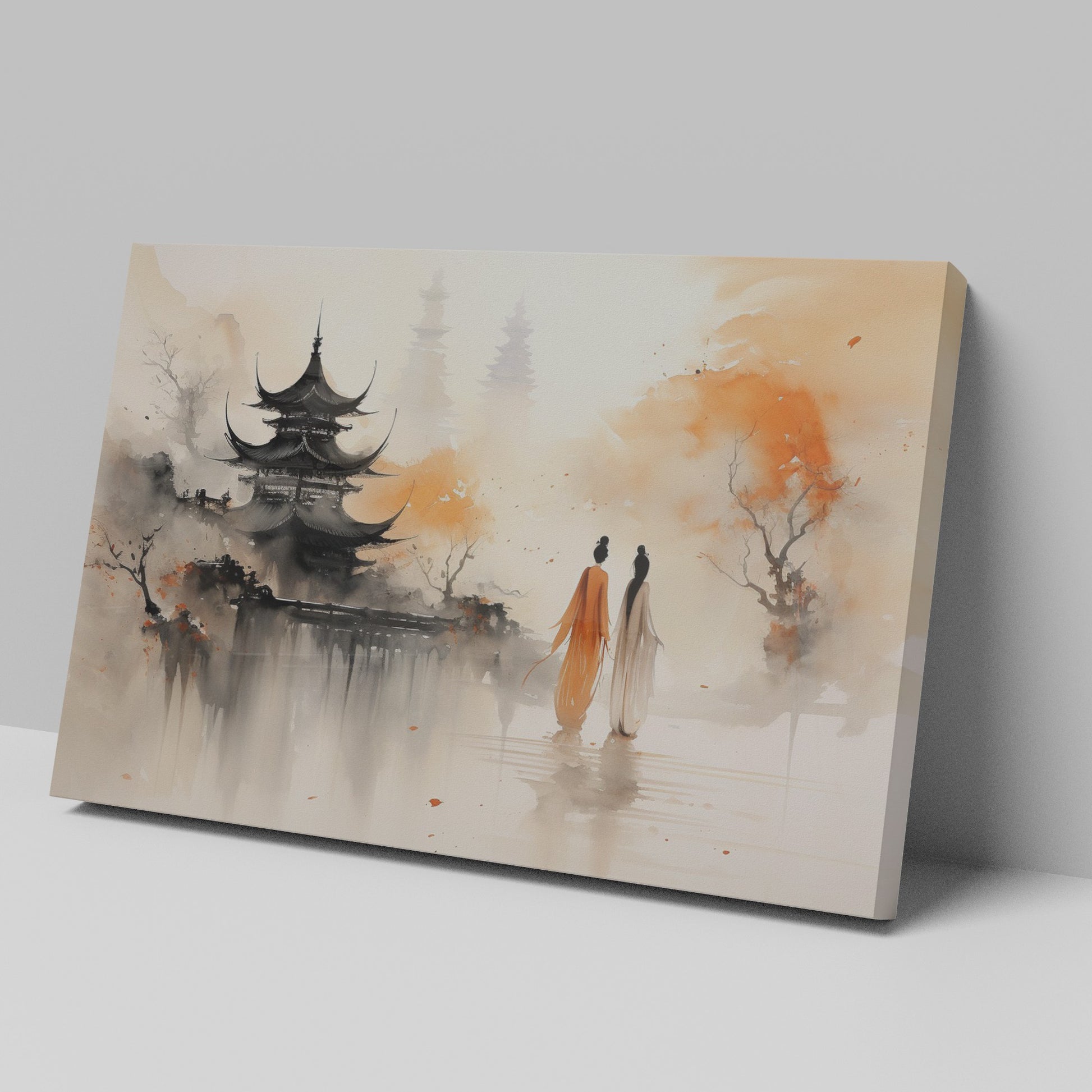 Framed canvas print of Oriental pagoda and autumn reflection with silhouetted figures in mist