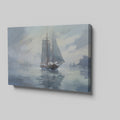 Framed canvas print of an impressionistic painting of a sailboat in a misty seascape setting