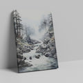 Framed canvas print of a tranquil mountain stream with misty forest backdrop