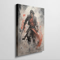 Framed canvas print of a dynamic Samurai warrior in watercolour style with vibrant red accents