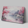 Framed canvas print of Oriental watercolour landscape with pink cherry blossoms, serene lake, and pagoda