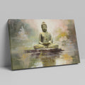 Framed canvas print of a serene Buddha sitting in meditation with a reflective water effect