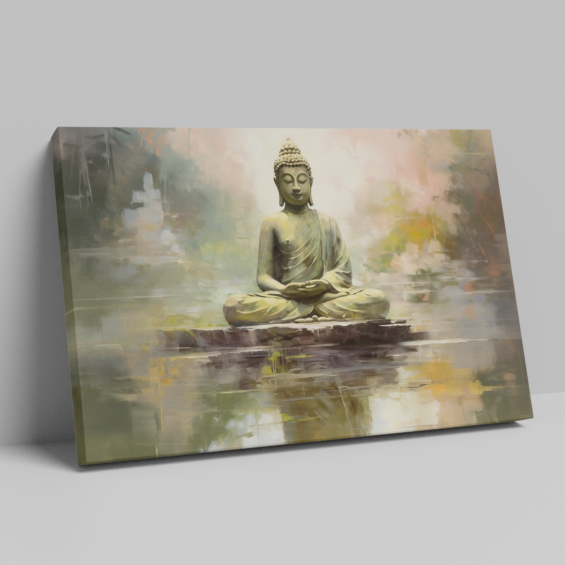 Framed canvas print of a serene Buddha sitting in meditation with a reflective water effect