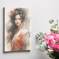 Abstract-impressionist portrait of a woman with brown hair and red accents on a canvas