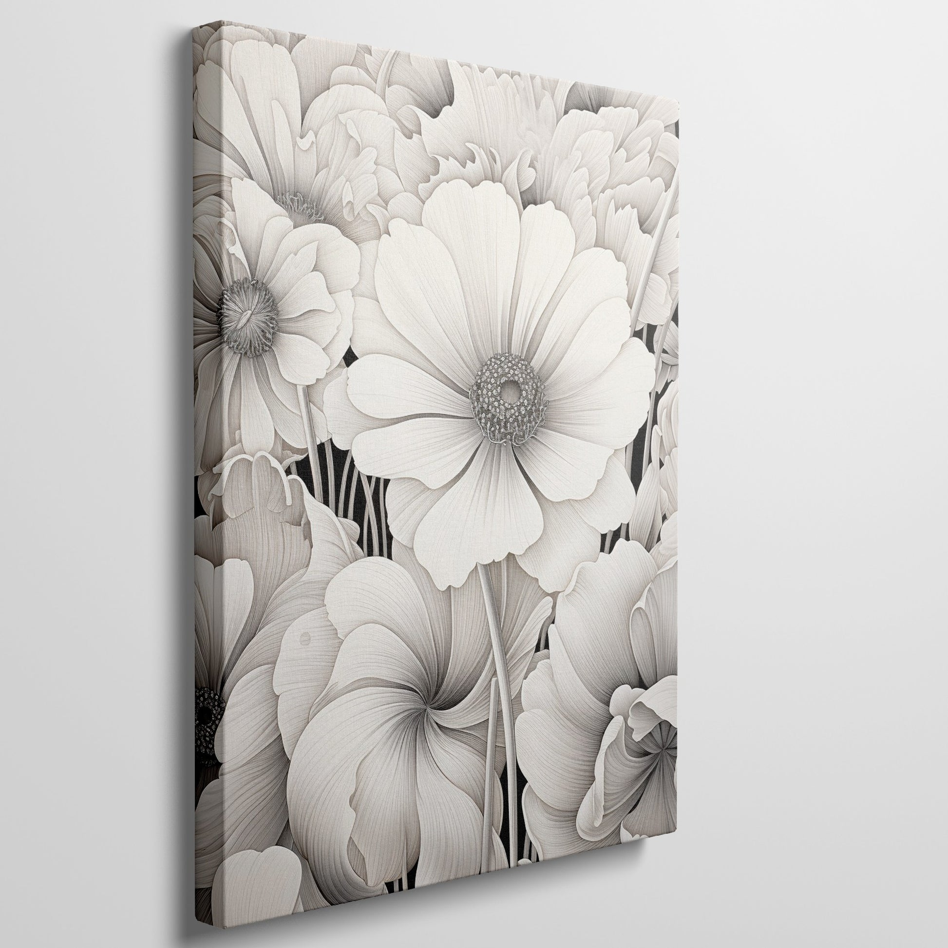 Framed canvas print of monochromatic flowers with intricate designs and neutral tones