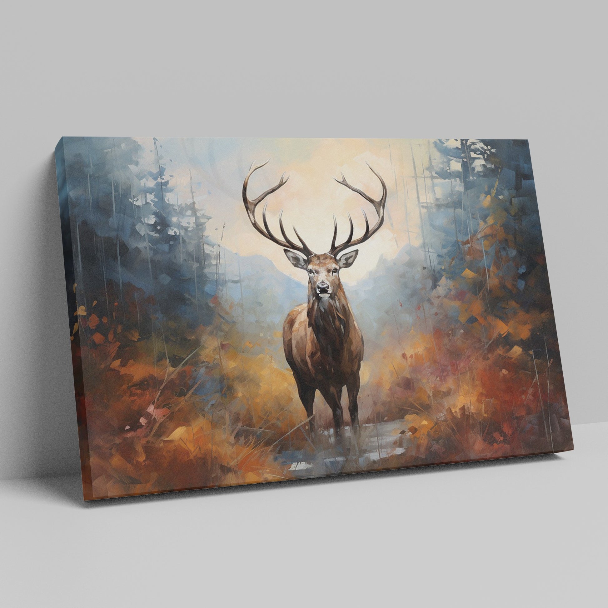 Framed canvas print of a majestic stag in an abstract autumnal forest