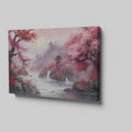 Framed canvas print of a serene oriental landscape with cherry blossoms and a pagoda