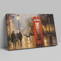 Framed canvas print of an impressionistic painting of a rainy London street with a red telephone box