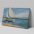 Framed canvas print of a serene sailboat seascape with vivid blue ocean and sky