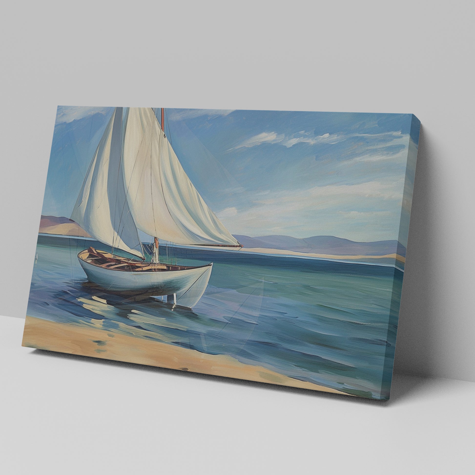 Framed canvas print of a serene sailboat seascape with vivid blue ocean and sky