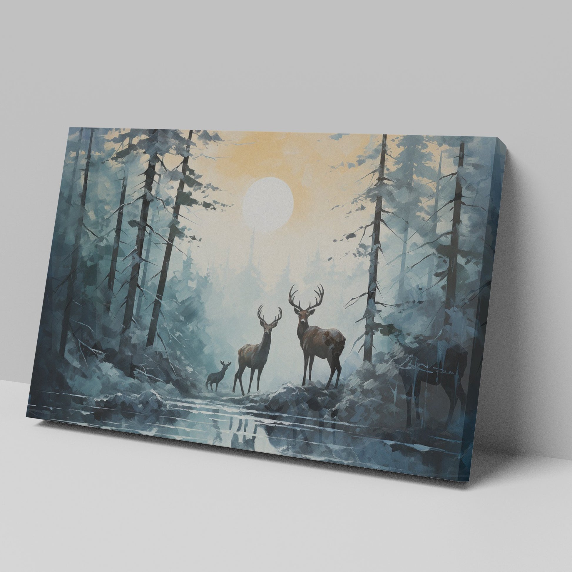 Framed canvas print of a serene forest scene with deer and sunset reflection