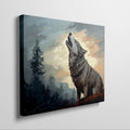 Framed canvas print of a howling wolf in a forest at dusk with vibrant earthy tones