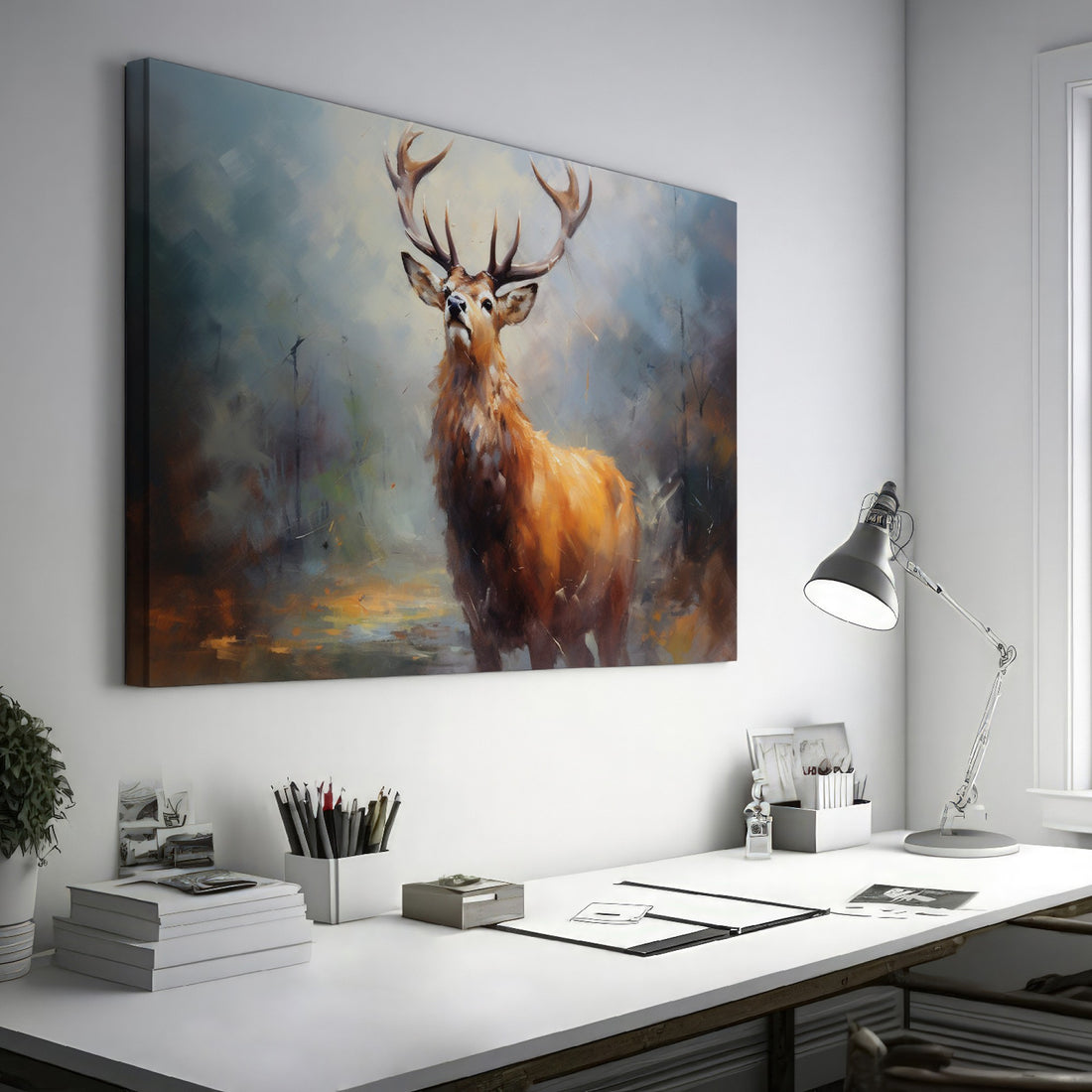 Framed canvas print of an impressionistic painting of a noble stag in earthy and warm tones