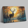 Abstract canvas art of a deer in a sunset forest scene with vibrant orange and blue colors.