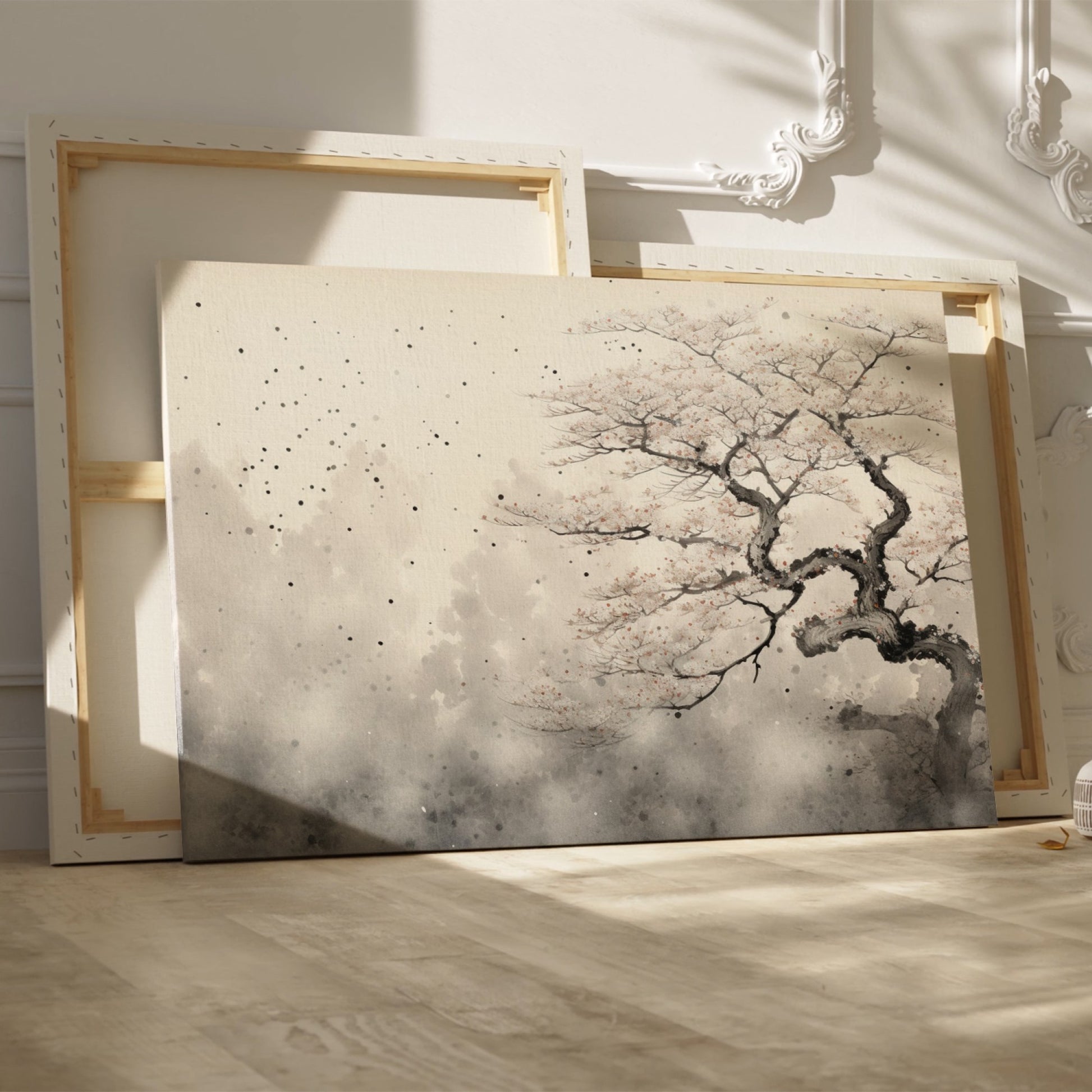 Framed canvas print of cherry blossom tree with ink wash effect