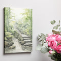 Framed canvas print of tranquil bamboo forest with arched bridge and stream in watercolour