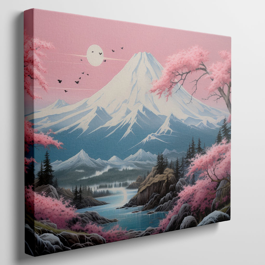 Canvas art of cherry blossom trees overlooking a serene blue mountain range with a calming lake