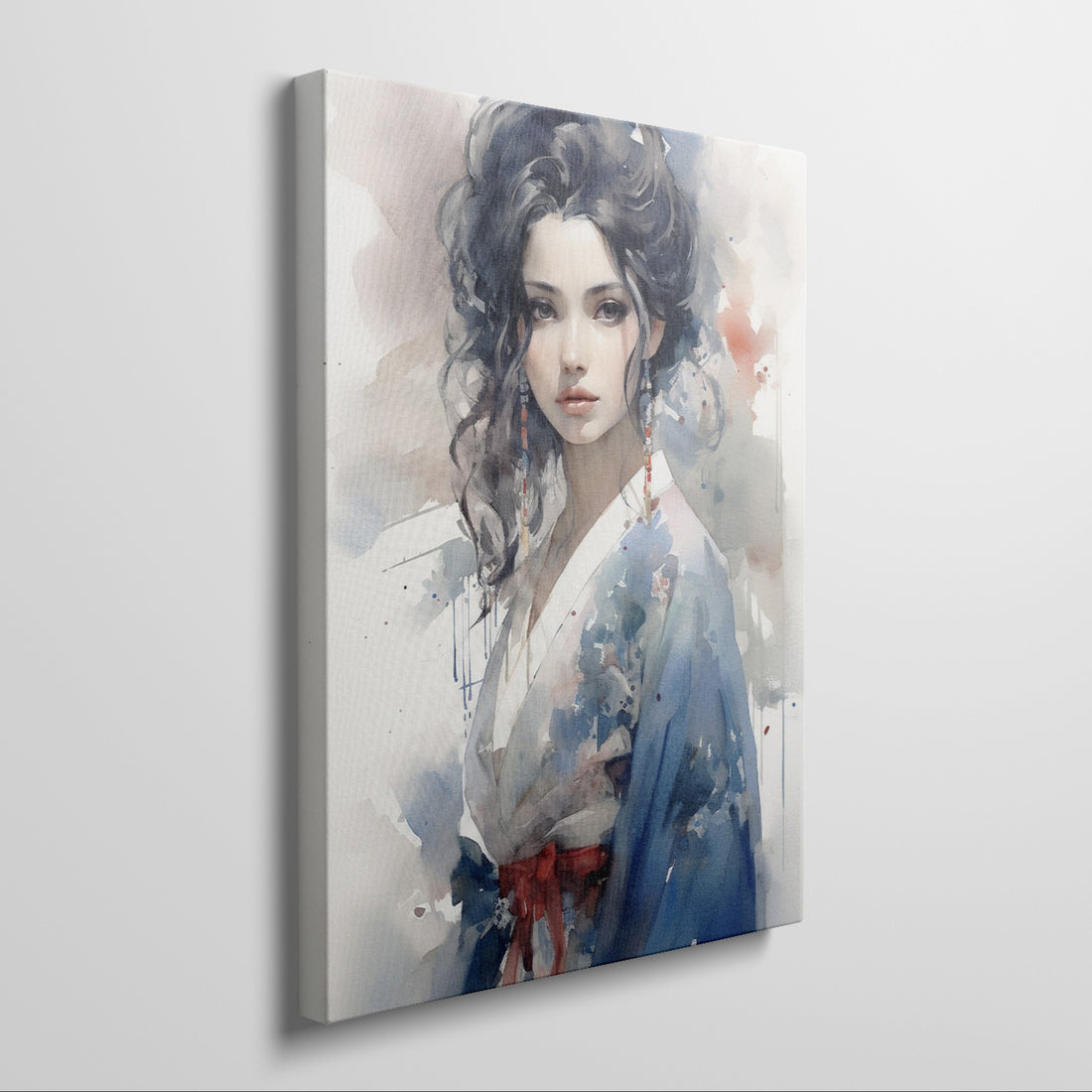 Artistic watercolour portrait of a young woman in traditional attire with abstract elements