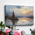 Framed canvas print of impressionist sailboat at sunset with vibrant sky and reflective water