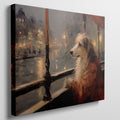 Framed canvas print of a dog looking out of a window at a city scene with warm, glowing lights