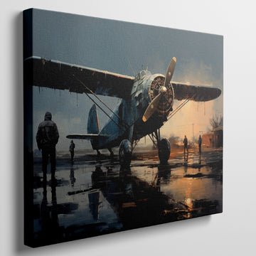 Framed canvas print of vintage warplane at a reflective wet airfield during twilight