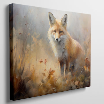 Framed canvas print of an impressionist painting of a fox set against the backdrop of golden autumn leaves and soft brushstrokes