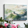 Framed canvas print of the Great Wall of China amidst a misty, mountainous landscape