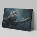 Framed canvas print of a mystical owl with amber eyes perched on a branch against a dark, moody background with autumn leaves