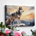 Framed canvas print of a majestic wolf overlooking a forest landscape at sunset