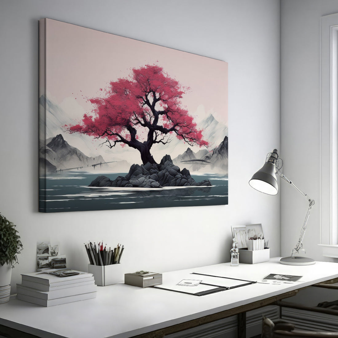 Framed canvas print of a cherry blossom tree on an island with mountain scenery in pink and grey tones