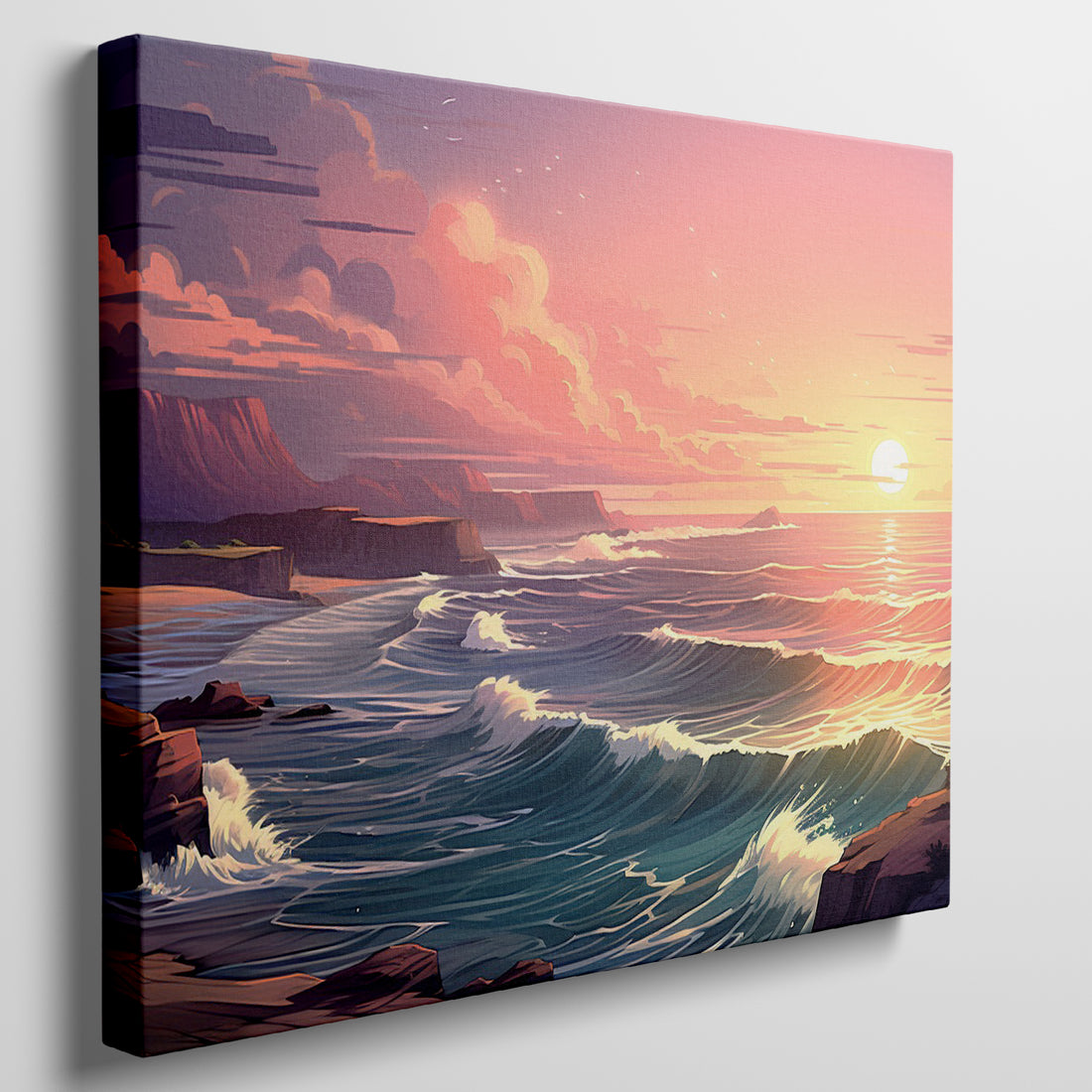 Framed canvas print of a vibrant sunset seascape with calm ocean waves and a pastel sky