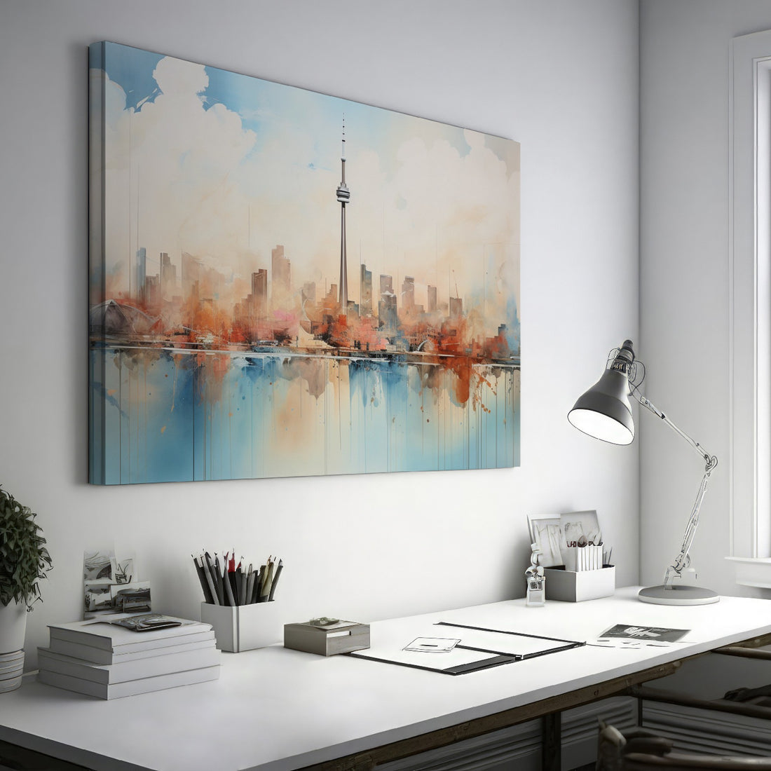 Framed canvas print of a soothing abstract cityscape with watercolour skyline and reflections