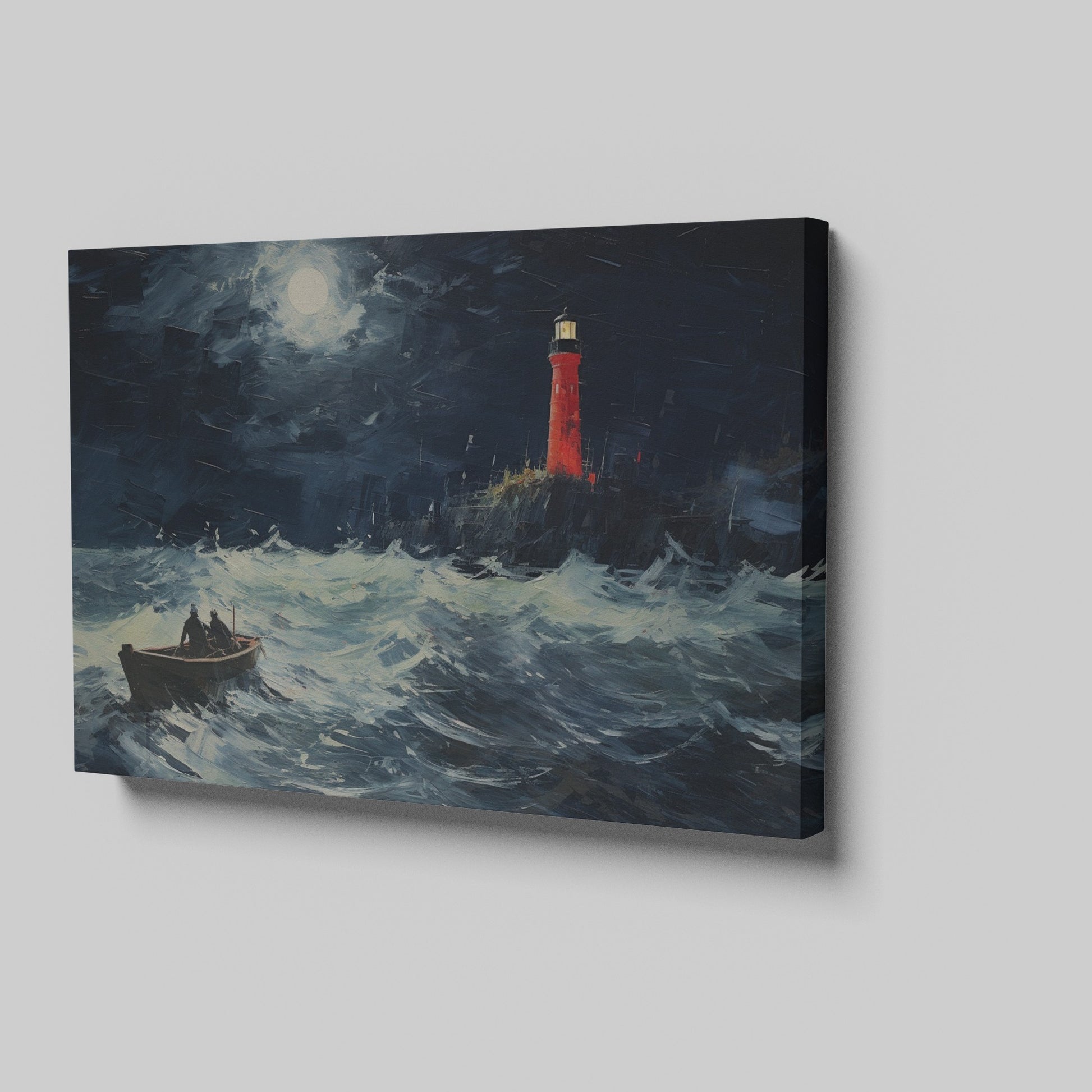 Framed canvas print of a stormy night seascape, with a red lighthouse and sailing boat under a moonlit sky