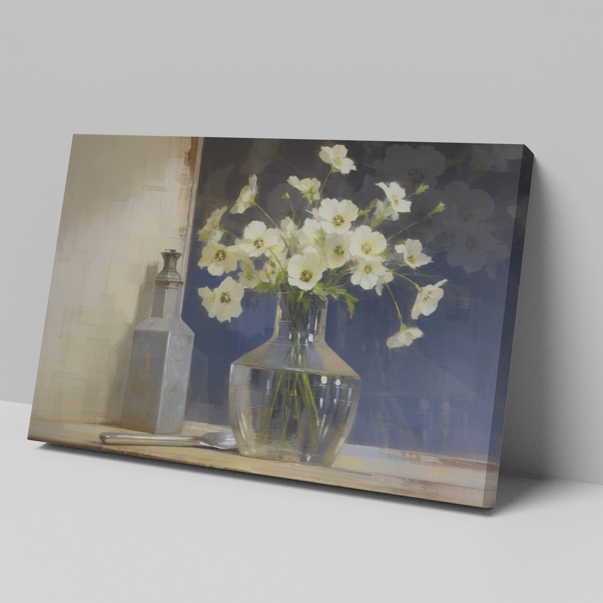 Framed canvas print of white flowers in glass vase with vintage bottle on a neutral background