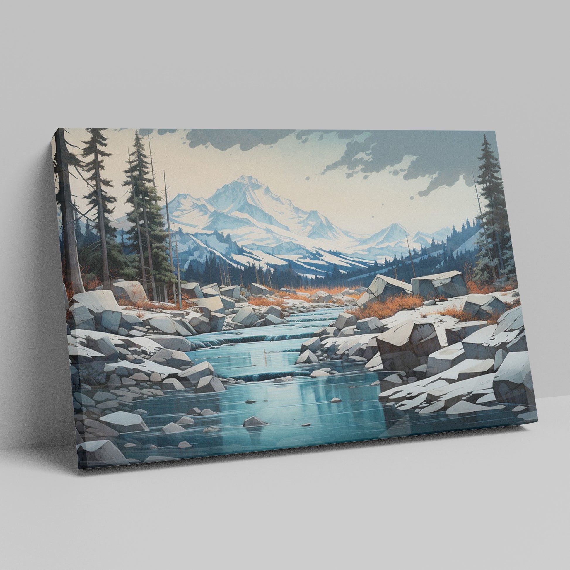 Framed canvas print of a serene mountain landscape with snow-covered peaks, a flowing river, and a forest in digital art style.