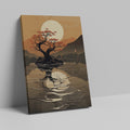 Framed canvas print of an Asian-inspired serene bonsai tree silhouette with sunset and mountain