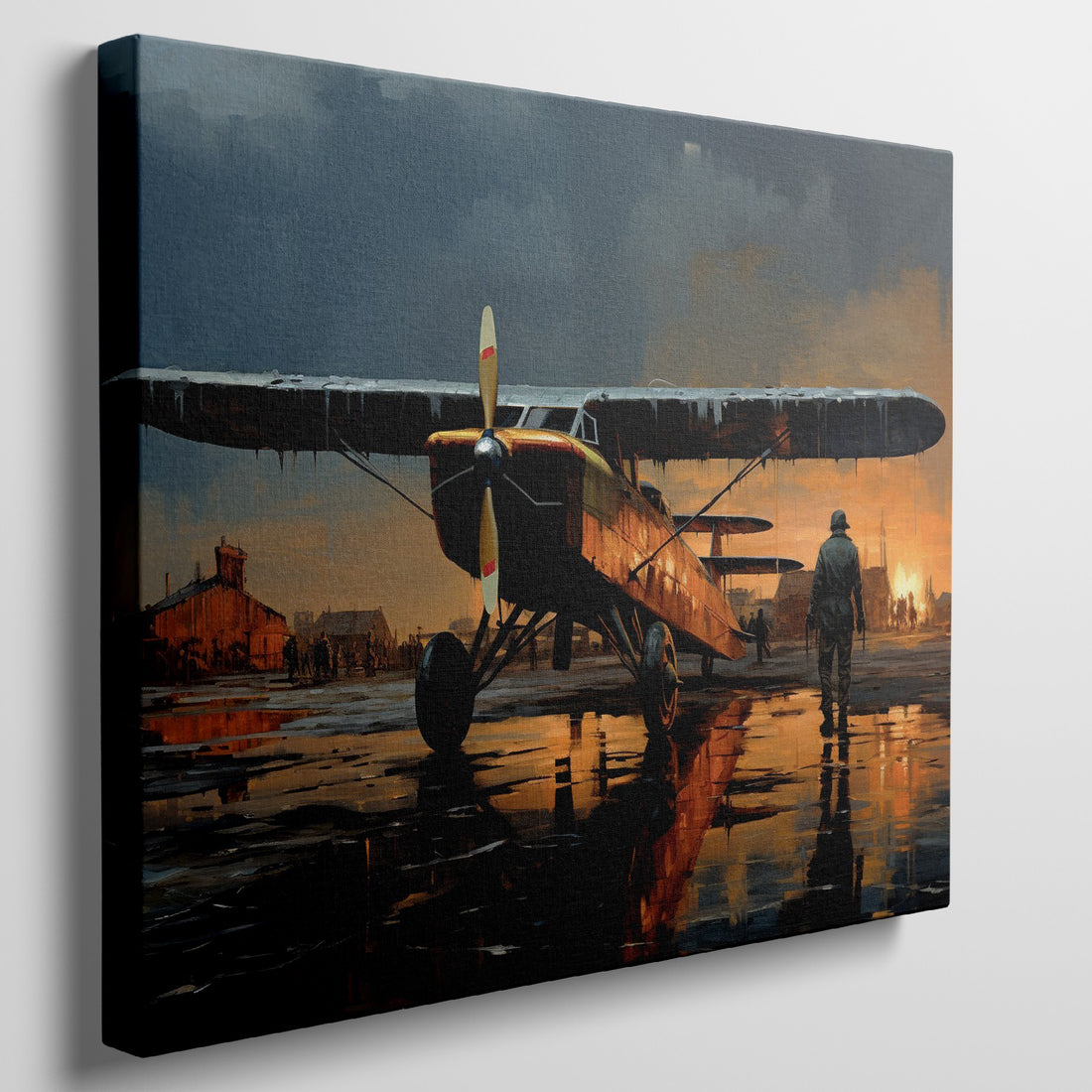 Framed canvas print of a vintage biplane on wet airfield at sunset with pilot walking