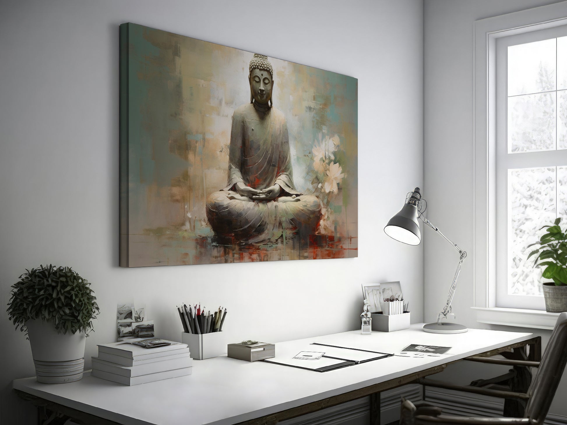 Framed canvas print of Buddha in meditation with abstract background and floral accents