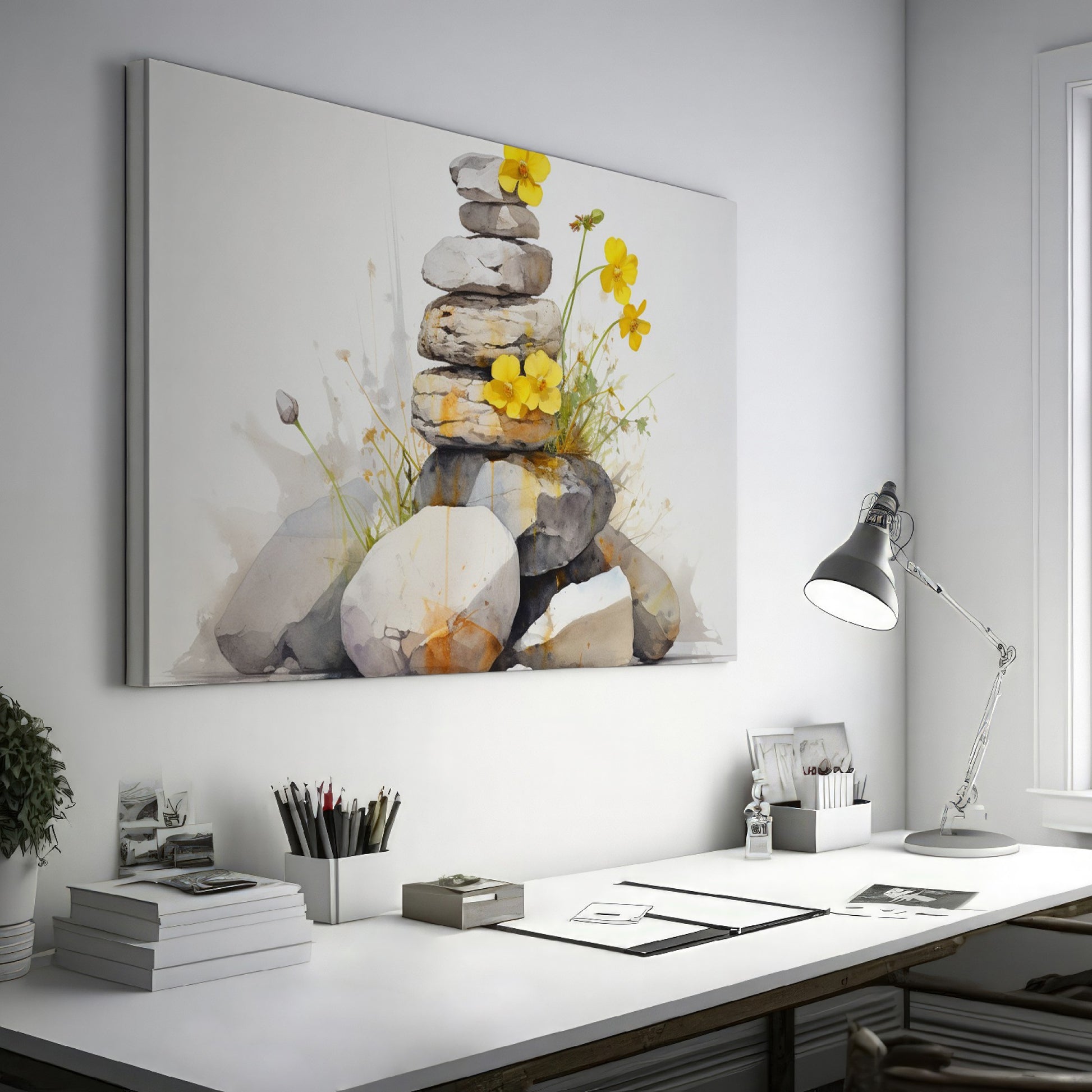 Framed canvas print of Zen stones balanced in watercolour with yellow flowers