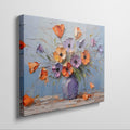 Framed canvas print of textured impasto poppies in a purple vase against a blue background